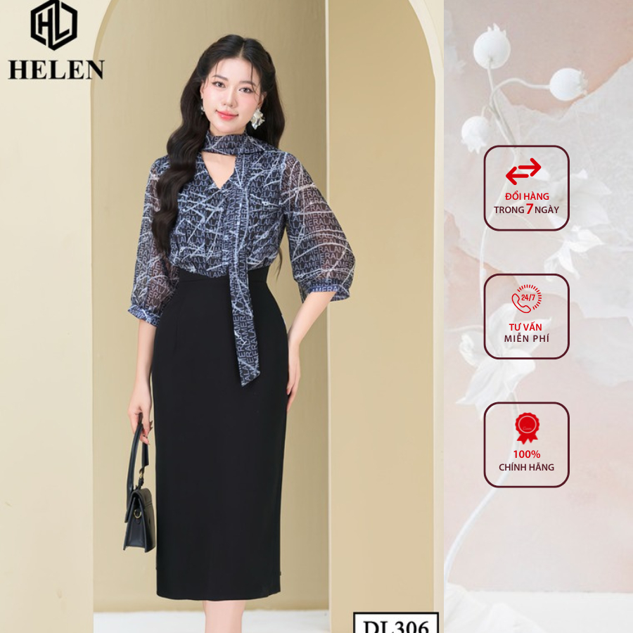 Đầm công sở HELEN thiết kế dáng ôm Voan đen họa tiết trắng chữ phối chân đen DL306