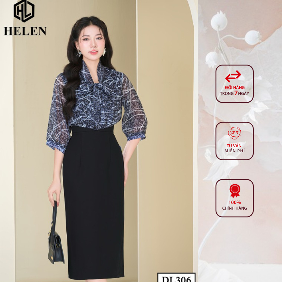 Đầm công sở HELEN thiết kế dáng ôm Voan đen họa tiết trắng chữ phối chân đen DL306