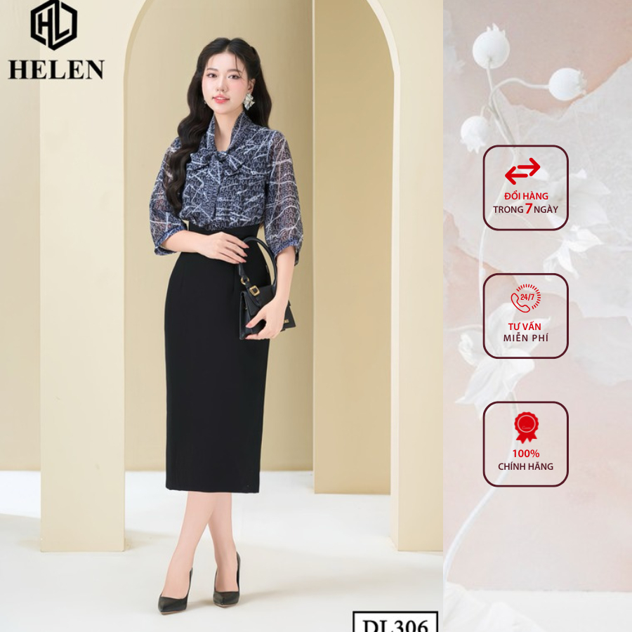 Đầm công sở HELEN thiết kế dáng ôm Voan đen họa tiết trắng chữ phối chân đen DL306