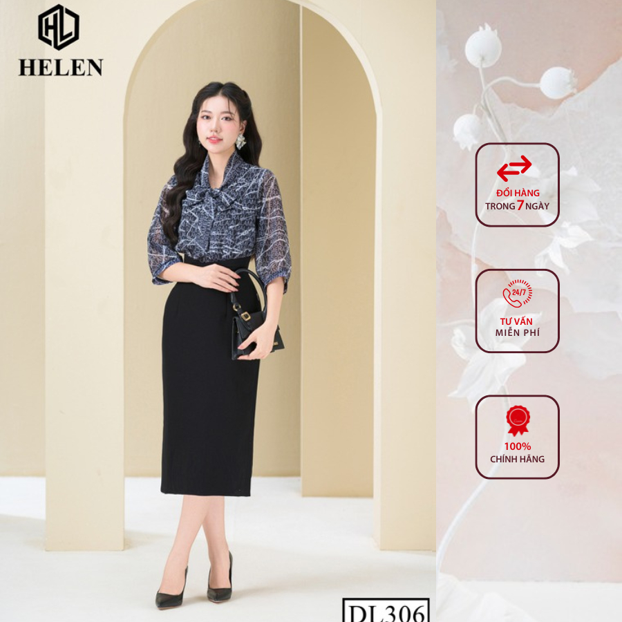 Đầm công sở HELEN thiết kế dáng ôm Voan đen họa tiết trắng chữ phối chân đen DL306