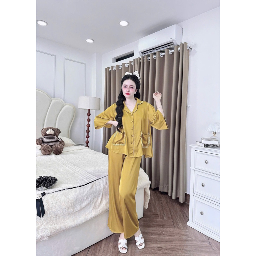 45-65kg Bộ pijama tiểu thư phối bèo tay loe 2 túi áo lụa mịn latin mát