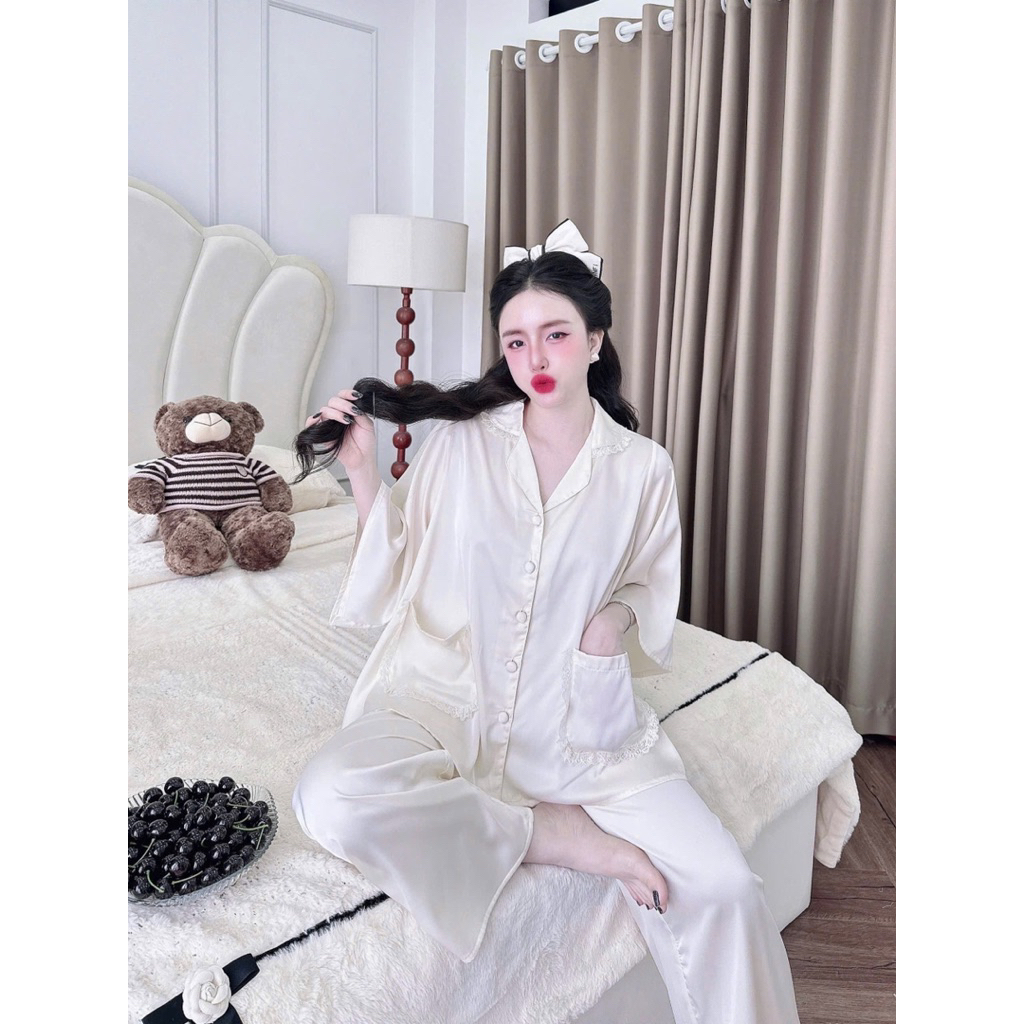 45-65kg Bộ pijama tiểu thư phối bèo tay loe 2 túi áo lụa mịn latin mát