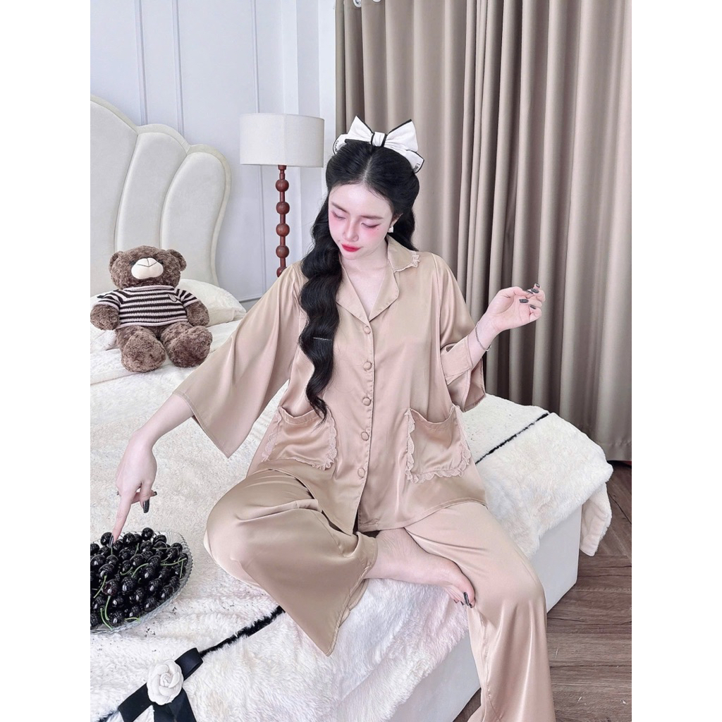 45-65kg Bộ pijama tiểu thư phối bèo tay loe 2 túi áo lụa mịn latin mát