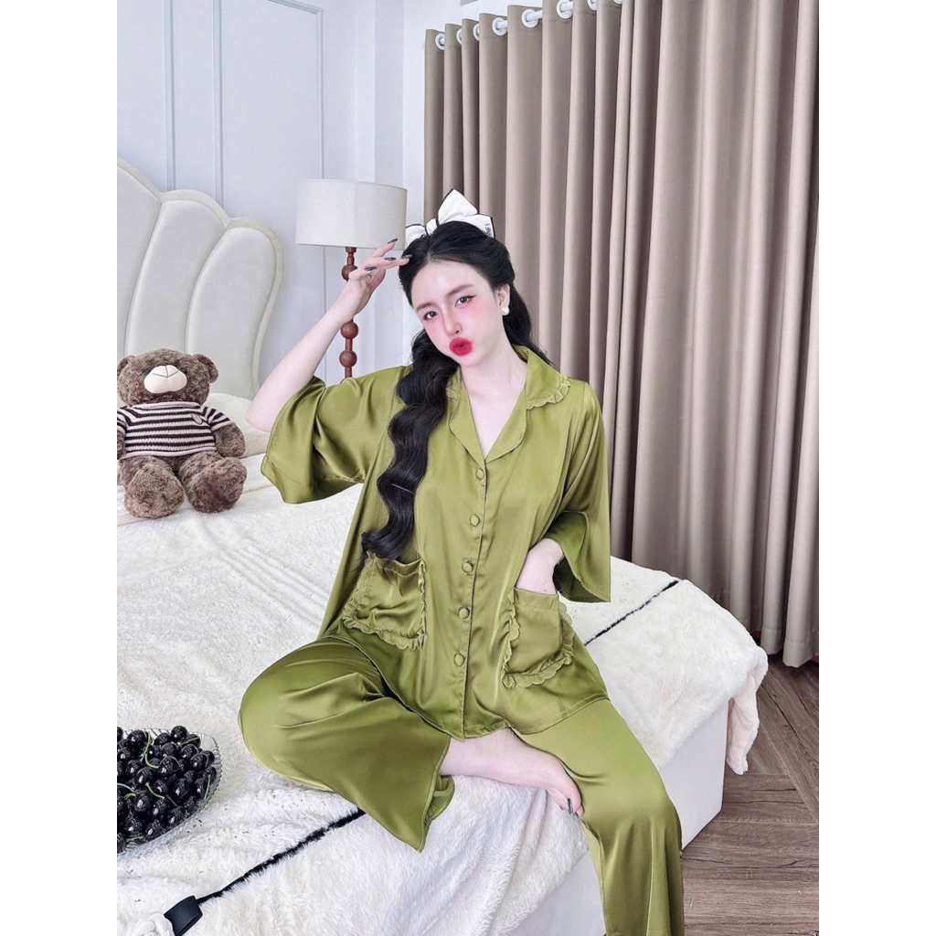 45-65kg Bộ pijama tiểu thư phối bèo tay loe 2 túi áo lụa mịn latin mát