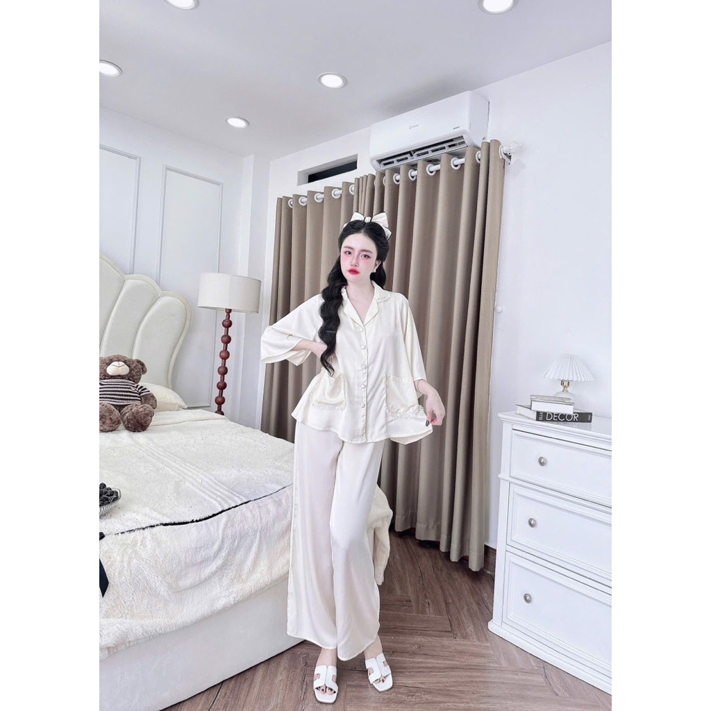 45-65kg Bộ pijama tiểu thư phối bèo tay loe 2 túi áo lụa mịn latin mát