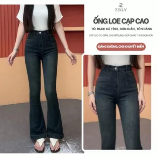 Quần Jean Nữ Ống Loe Ngắn Và Dài Cạp Cao Túi Bầu Màu Đậm Q354