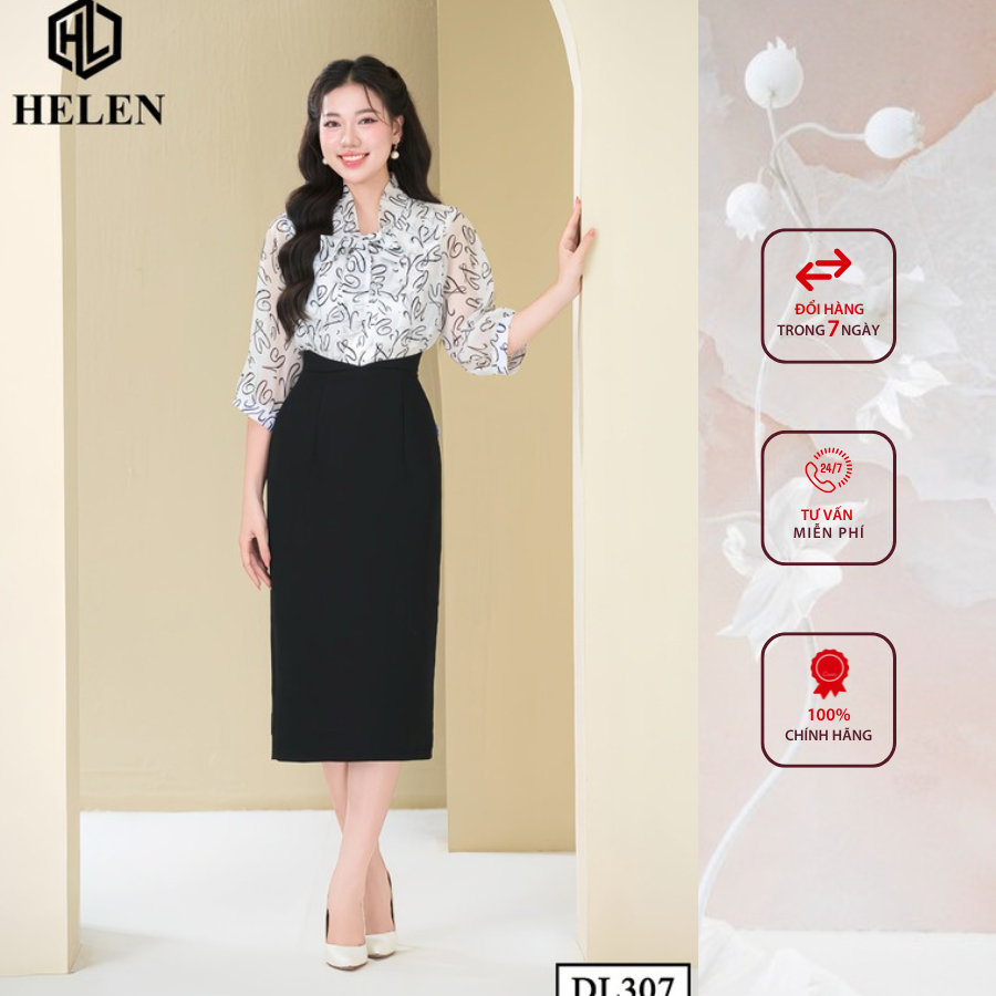 Đầm công sở HELEN thiết kế dáng ôm Voan trắng họa tiết trái tim đen phối chân đen DL307