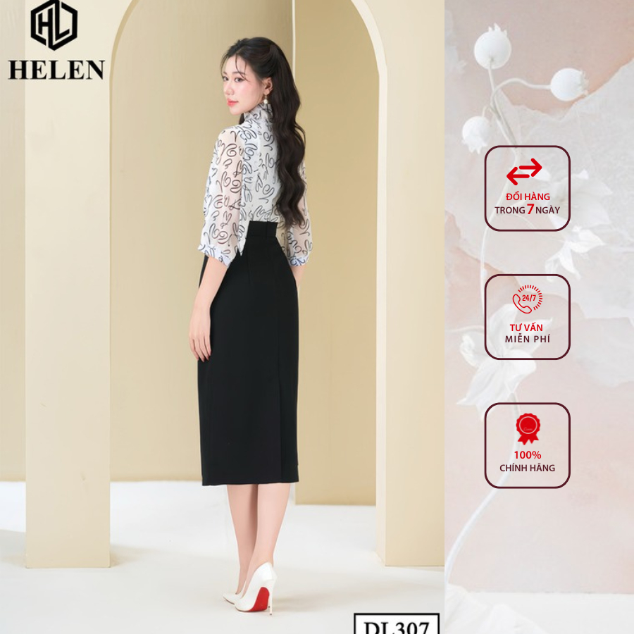 Đầm công sở HELEN thiết kế dáng ôm Voan trắng họa tiết trái tim đen phối chân đen DL307