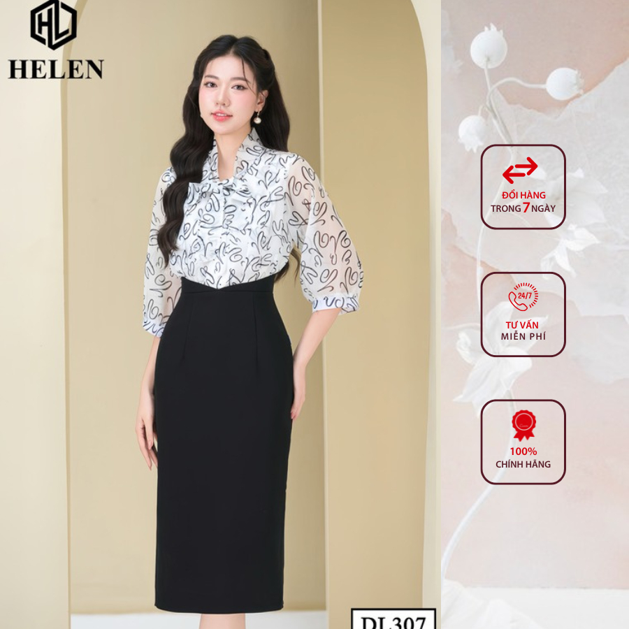 Đầm công sở HELEN thiết kế dáng ôm Voan trắng họa tiết trái tim đen phối chân đen DL307
