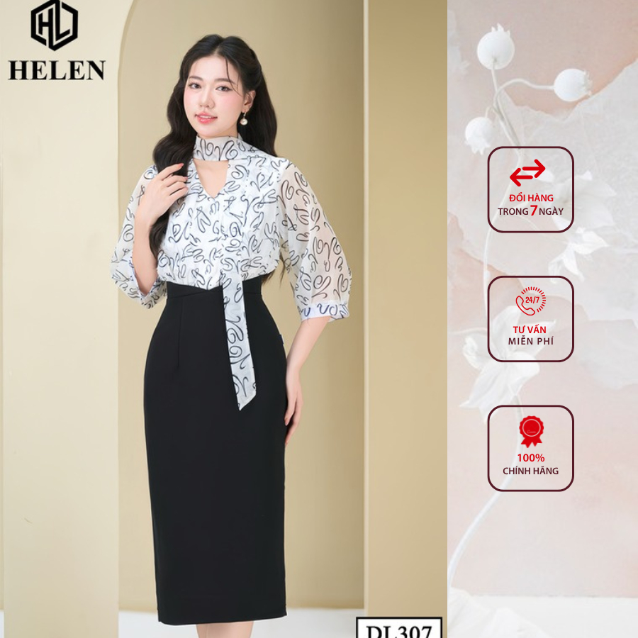 Đầm công sở HELEN thiết kế dáng ôm Voan trắng họa tiết trái tim đen phối chân đen DL307
