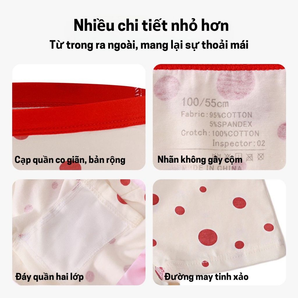 Set 4 Quần Lót Cho Bé Gái Loại A Chất Liệu Cotton Kháng Khuẩn Họa Tiết Màu Đỏ Dễ Thương Mềm Mại