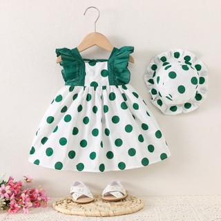(7-8kg) Set váy kèm nón bé gái đi du lịch họa tiết chấm bi to PUMPKINSHOP D888