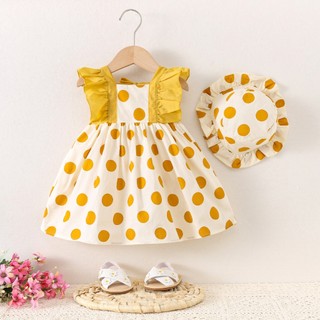 (7-8kg) Set váy kèm nón bé gái đi du lịch họa tiết chấm bi to PUMPKINSHOP D888