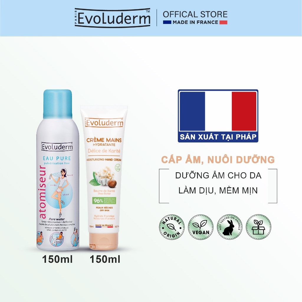 COMBO Xịt Khoáng Dưỡng Ẩm, Làm Dịu Da Evoluderm 150ml Và Kem Dưỡng Da Tay Evoluderm 150ml