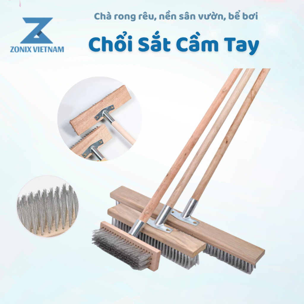 Chổi sắt cầm tay không rỉ chà rửa vệ sinh rong rêu, nền sân vườn, bể ...