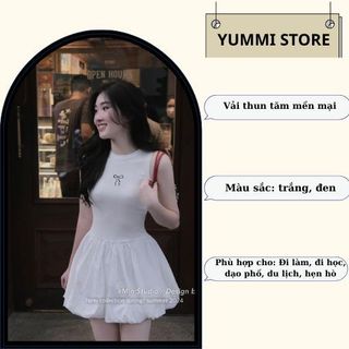 Váy nữ sát nách cổ tròn thêu nơ ngực dáng bí phồng siêu tôn dáng HCOM2535, đầm nữ cổ bo 2 màu đen trắng YuuMi Style