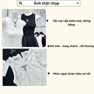 Váy nữ sát nách cổ tròn thêu nơ ngực dáng bí phồng siêu tôn dáng HCOM2535, đầm nữ cổ bo 2 màu đen trắng YuuMi Style