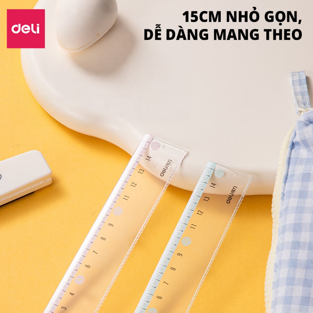 Thước Kẻ Deli 15/20cm Trong Suốt Màu Hồng/Xanh - Thước Đo Tỷ Lệ Chuẩn Dụng Cụ Học Tập Học Sinh Dân Văn Phòng