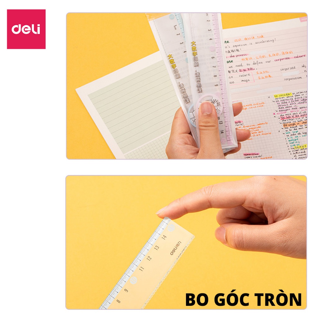 Thước Kẻ Deli 15/20cm Trong Suốt Màu Hồng/Xanh - Thước Đo Tỷ Lệ Chuẩn Dụng Cụ Học Tập Học Sinh Dân Văn Phòng