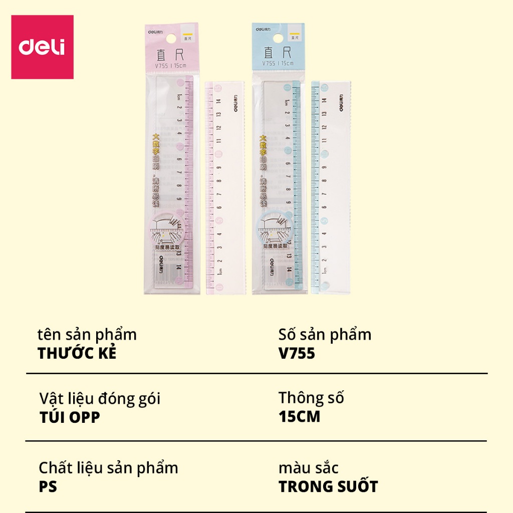 Thước Kẻ Deli 15/20cm Trong Suốt Màu Hồng/Xanh - Thước Đo Tỷ Lệ Chuẩn Dụng Cụ Học Tập Học Sinh Dân Văn Phòng