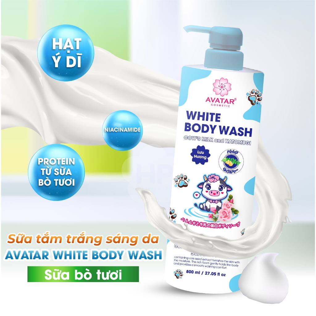 Sữa Tắm Dưỡng Trắng Sáng Da Sữa Bò Tươi Avatar White Body Wash 800 mL