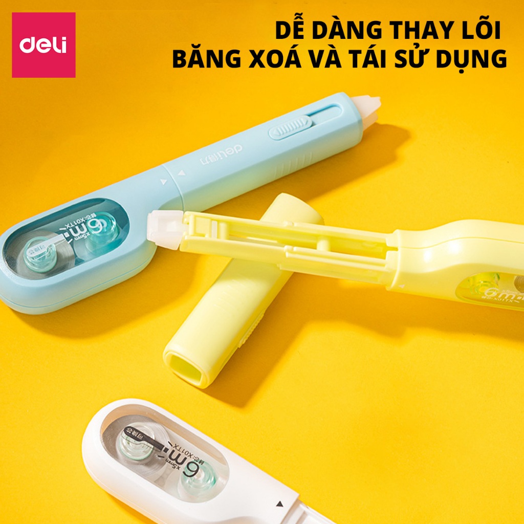 Băng Xóa Mini 6m Deli Bút Xóa Băng Dạng Kéo Màu Trắng/Xanh Dương/Xanh Lá Xóa Sạch Khô Nhanh Bám Dính Có Thể Thay Lõi