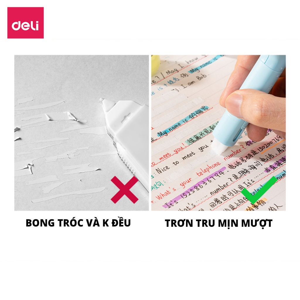 Băng Xóa Mini 6m Deli Bút Xóa Băng Dạng Kéo Màu Trắng/Xanh Dương/Xanh Lá Xóa Sạch Khô Nhanh Bám Dính Có Thể Thay Lõi