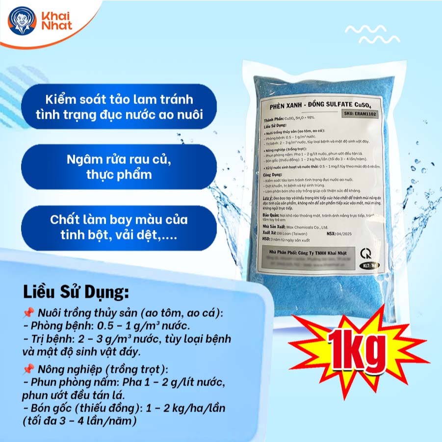 Phèn xanh - Đồng sunfat CUSO4 - Nuôi tinh thể, Diệt Rong Rêu, Ký Sinh Trùng, Nấm Khuẩn trong nước (1kg/gói)