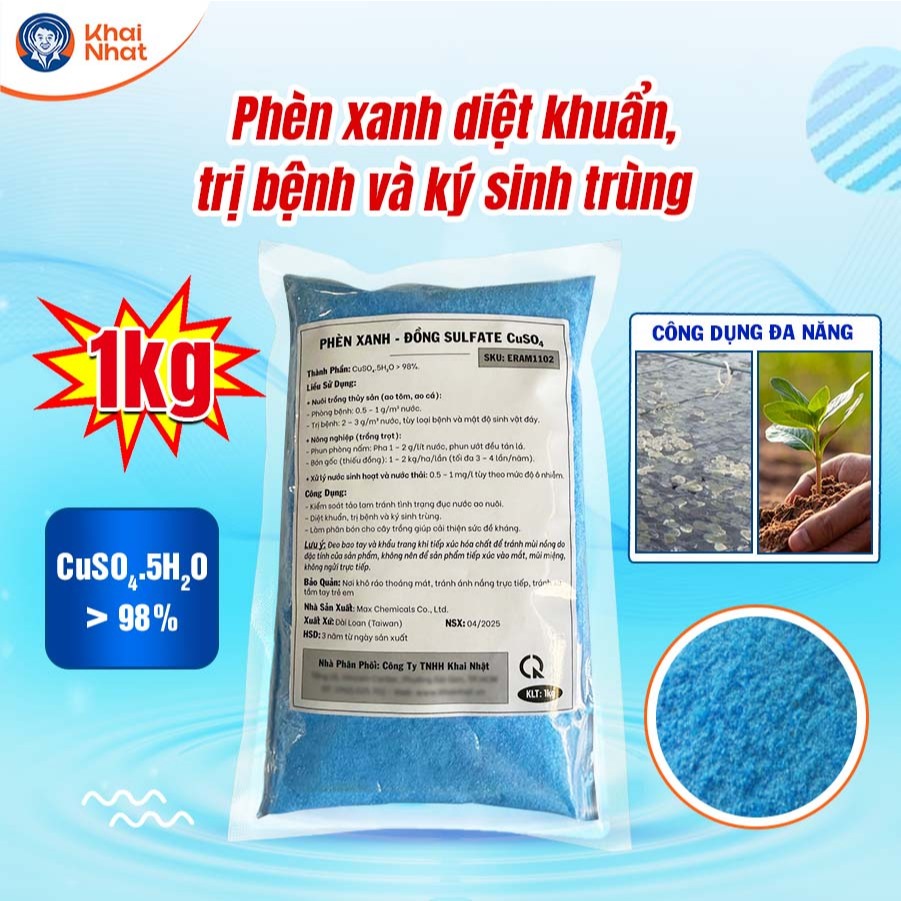Phèn xanh - Đồng sunfat CUSO4 - Nuôi tinh thể, Diệt Rong Rêu, Ký Sinh Trùng, Nấm Khuẩn trong nước (1kg/gói)