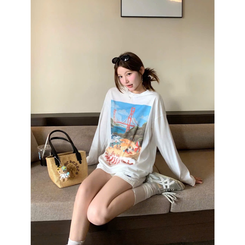 Áo thun nữ tay dài in hình biển JULY FASHION, Áo thun nữ, phông nữ dài tay dáng rộng chất thun xượt mềm mại