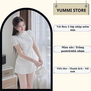 Set váy nữ ren tiểu thư xinh,đồ bộ nữ áo cổ tròn tay cộc vai bồng mix chân váy xếp ly dáng ngắn trẻ trung Yuumi hcom3558
