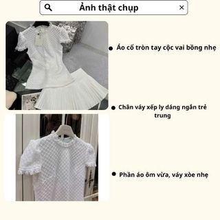 Set váy nữ ren tiểu thư xinh,đồ bộ nữ áo cổ tròn tay cộc vai bồng mix chân váy xếp ly dáng ngắn trẻ trung Yuumi hcom3558