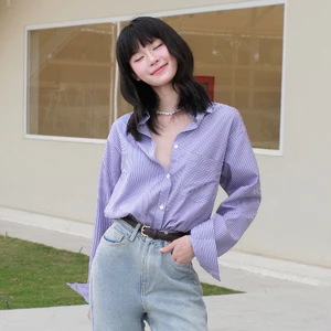 Áo sơ mi sọc nữ GILLEE dáng dài phối túi sọc ngang vải kate Mỹ cao cấp thoáng khí FAS372