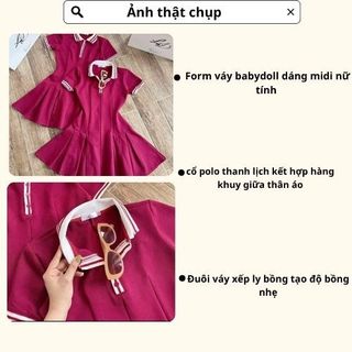 Váy babydoll tiểu thư xinh tông màu đỏ trơn,đầm midi cổ polo cộc tay phối viền màu kẻ sọc đuôi váy xếp ly bồng hcom3556