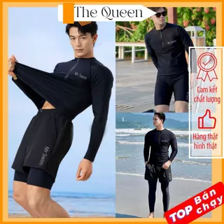 Đồ bơi nam Size M - 3XL đi biển màu đen Mr Swim áo dài tay & ngắn tay phối khóa kéo kín đáo quần đùi 2 lớp thể thao 039