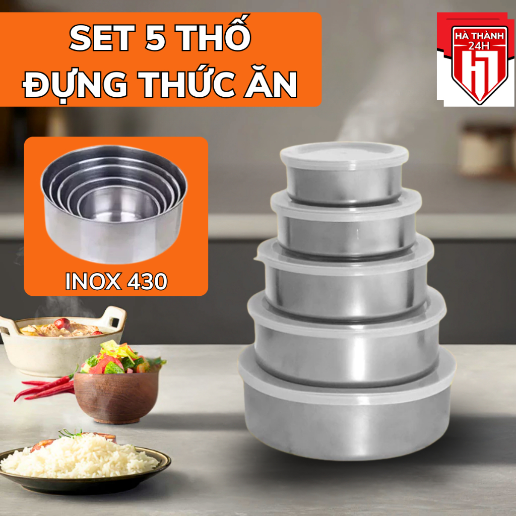 Set 5 Thố Inox Có Nắp Tiện Dụng, Hộp Đựng Cơm Giữ Nhiệt Bảo Quản Thực Phẩm, Hộp Cơm Văn Phòng