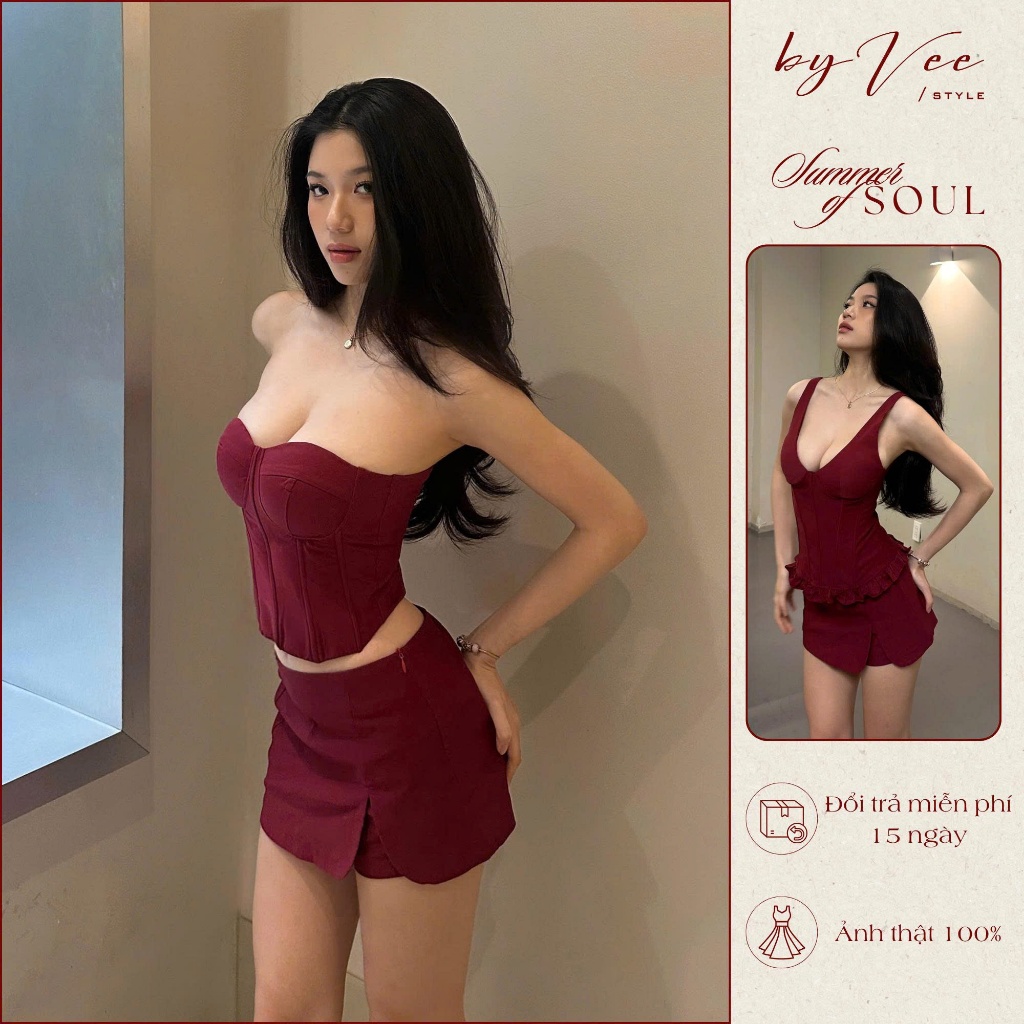 Áo corset cúp ngực kaki đỏ - ByVeeStyle, Áo cổ V tôn V1 phối chân váy siêu xinh đi chơi, đi tiệc