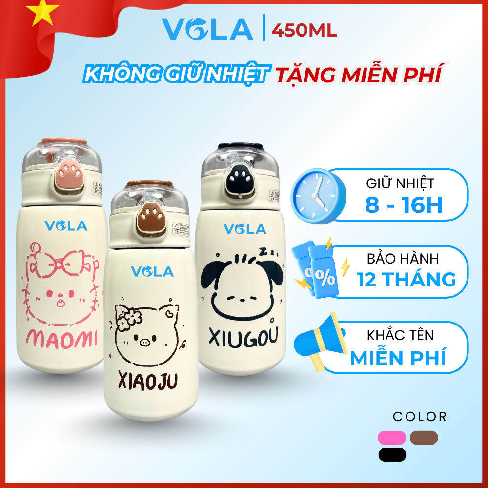 Bình Giữ Nhiệt VOLA 450ml Inox 304 dễ thương, Bình giữ nhiệt khắc tên có sẵn ống hút