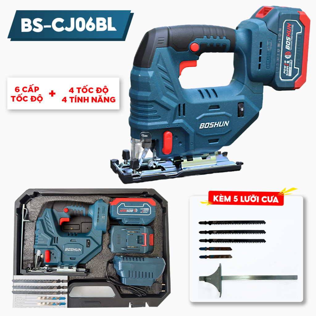 [KÈM 5 LƯỠI] Máy Cưa Lọng Cầm Tay Boshun BS-CJS06BL Tặng Kèm Bộ 5 Lưỡi Cắt