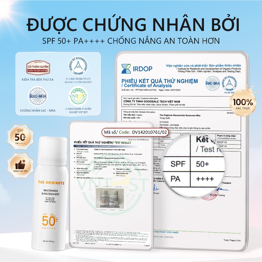 Xịt chống nắng SPF50 PA++++ The Originote chống nắng body trắng da với Niacinamide Sunscreen Mist