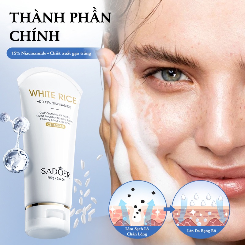 Sữa Rửa Mặt Tinh Chất Gạo & 15% Niacinamide 100ml - Làm Sạch Sâu, Kiềm Dầu Dịu Nhẹ - Cho Da Dầu Mụn & Mọi Loại Da