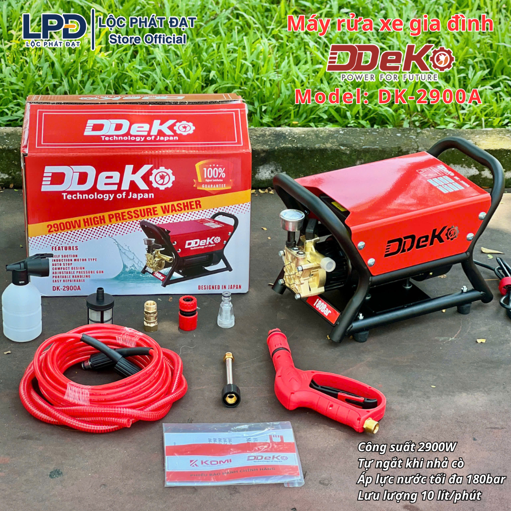 Máy xịt rửa xe gia đình DEKO DK-2900AK, Công suất 2900W, Lưu lượng 10L/p, Áp lực nước 120~180Bar