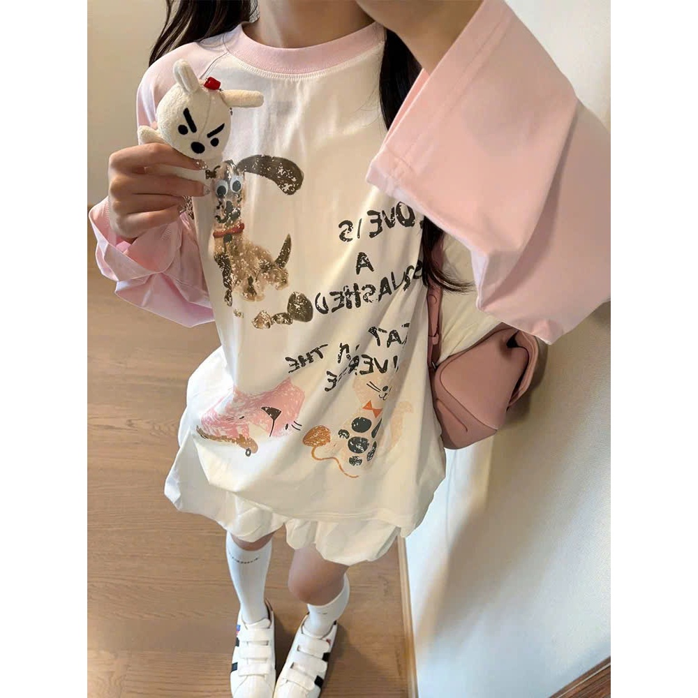 Áo thun nữ dài tay phối hồng in hình trẻ trung JULY FASHION, Áo thun tay dài mặc mùa đông trẻ trung năng động chất mềm