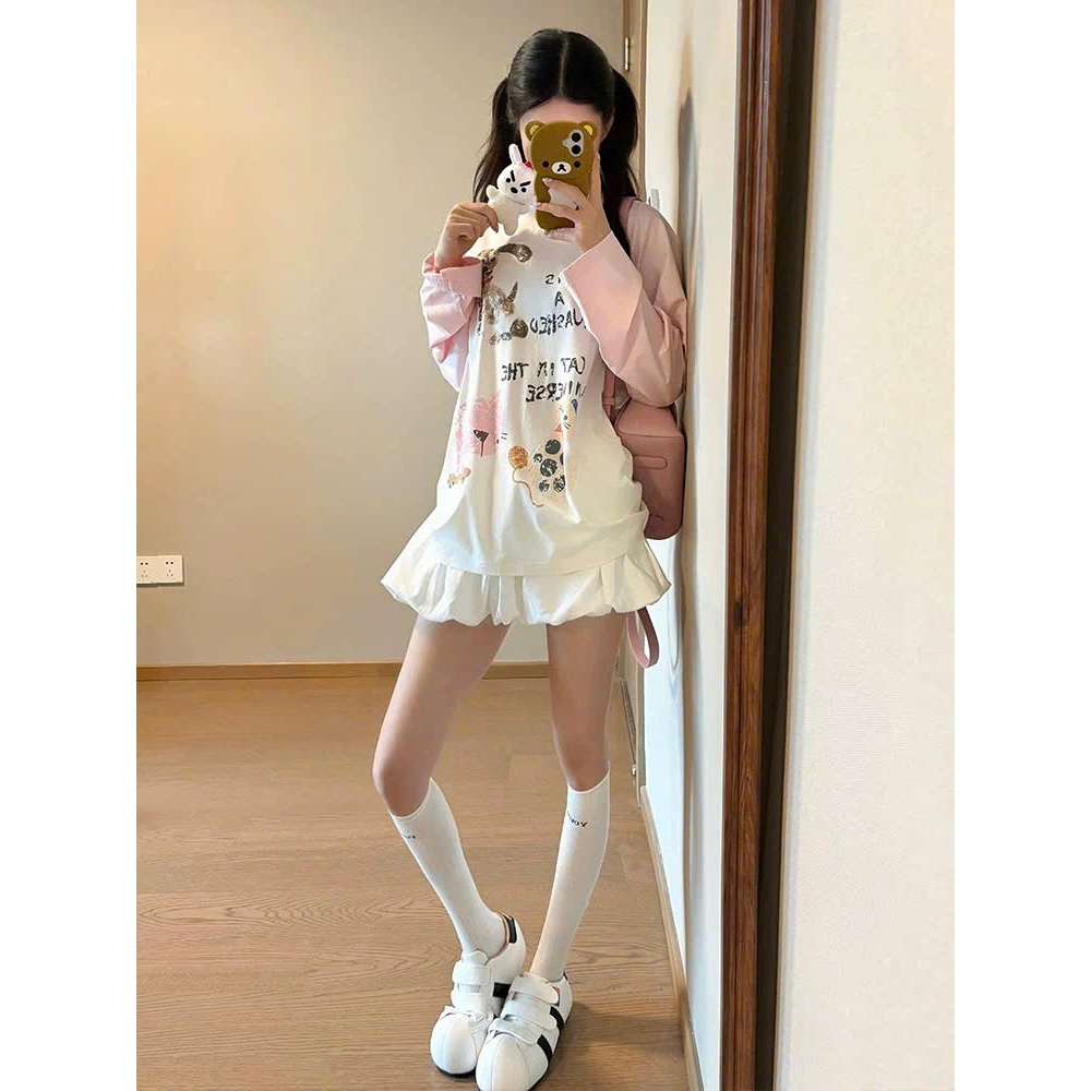 Áo thun nữ dài tay phối hồng in hình trẻ trung JULY FASHION, Áo thun tay dài mặc mùa đông trẻ trung năng động chất mềm