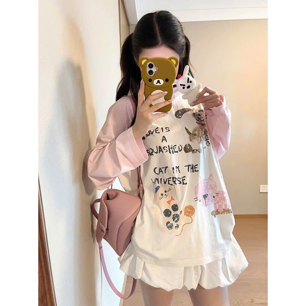 Áo thun nữ dài tay phối hồng in hình trẻ trung JULY FASHION, Áo thun tay dài mặc mùa đông trẻ trung năng động chất mềm
