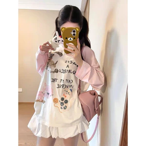 Áo thun nữ dài tay phối hồng in hình trẻ trung JULY FASHION, Áo thun tay dài mặc mùa đông trẻ trung năng động chất mềm