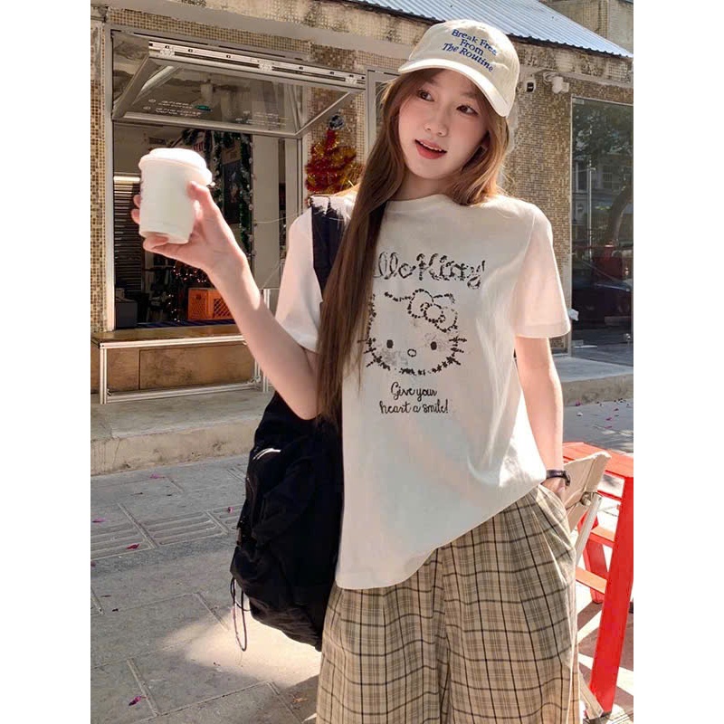 Áo thun nữ tay ngắn in hình Kitty JULY FASHION, Áo phông, Áo thun nữ cổ tròn in hình trẻ trung, Chất thun cotton dày dặn