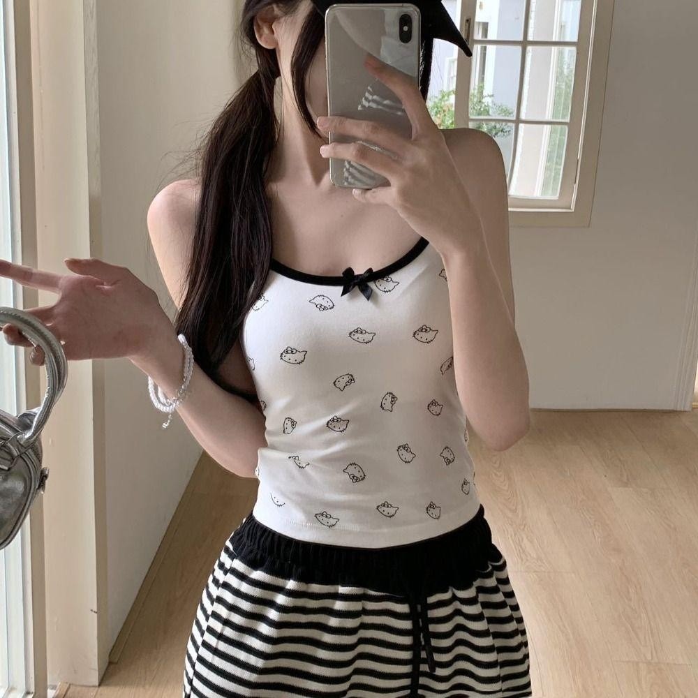 < Kèm Mút Ngực > Áo Ngủ 2 Dây Viền Cổ Hoạ Tiết In Kín Mèo Kitty Sang Chảnh Sexy Ôm Eo Tôn Dáng