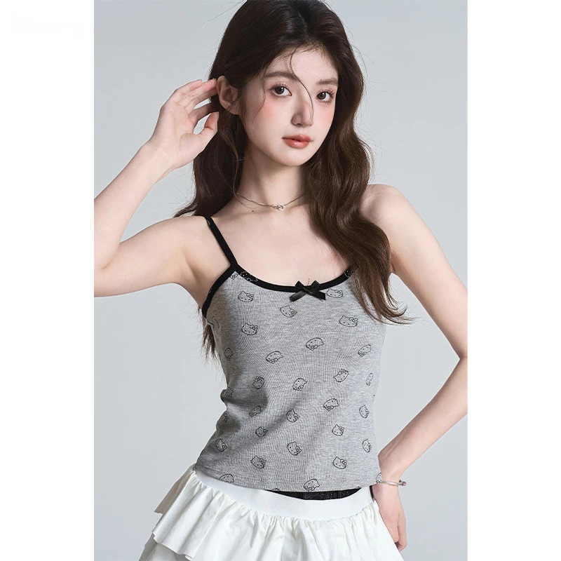 < Kèm Mút Ngực > Áo Ngủ 2 Dây Viền Cổ Hoạ Tiết In Kín Mèo Kitty Sang Chảnh Sexy Ôm Eo Tôn Dáng