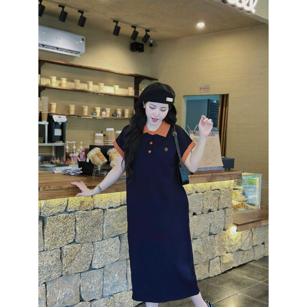 Đầm thun có cổ cộc tay bigsize bầu chubby basic đơn giản mặc nhà chơi Váy polo dáng dài suông form rộng phối viền T1348G